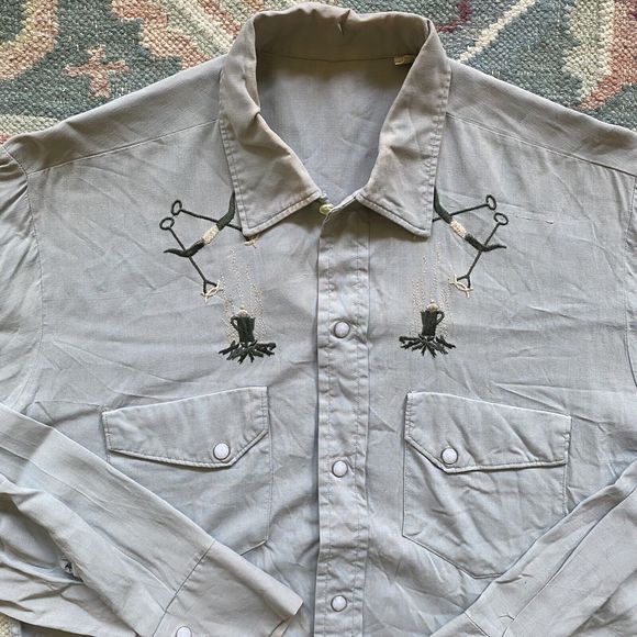 Vintage 50s Medium Rayon Gab Western Shirt Dot Snap Coffee Brand Embroidered